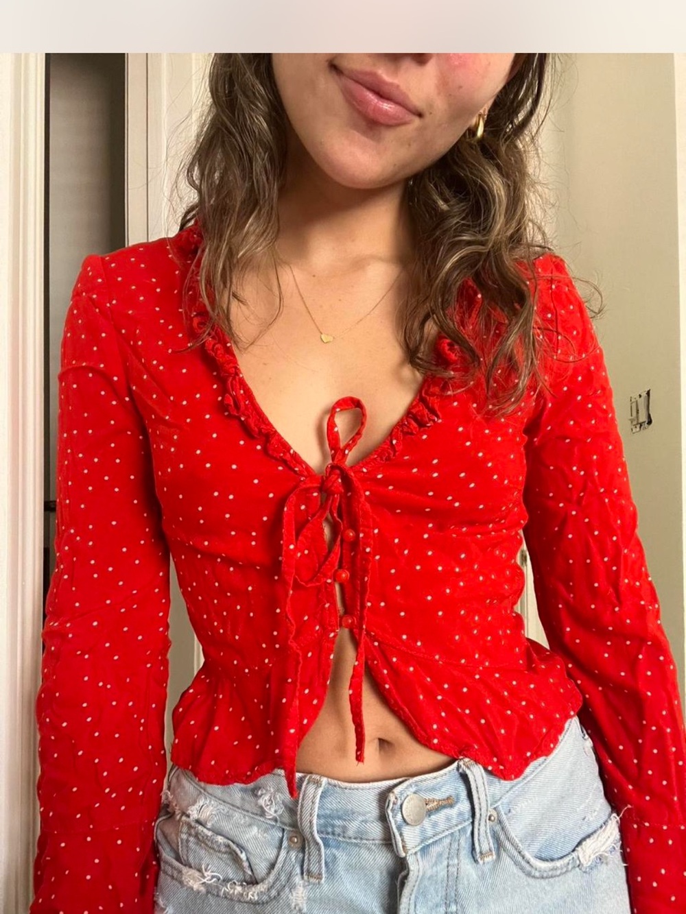 Divided Red Polka Dot Tie-Front Long Sleeve Blouse
